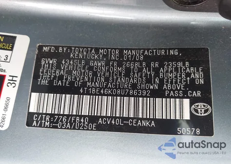 2008 Toyota Camry Le z USA, uszkodzony, nr VIN 4T1BE46K08U786392